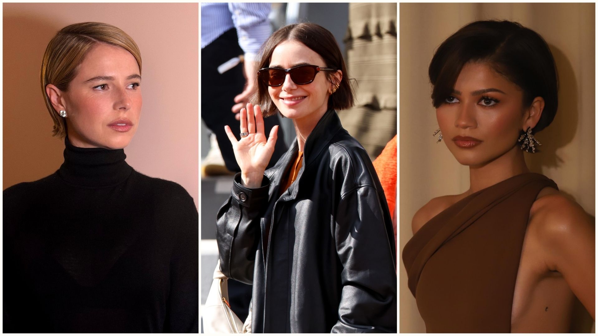 A collage of the viral micro bob trend, as seen on Lily Collins, Zendaya and Jessie Buckley. 