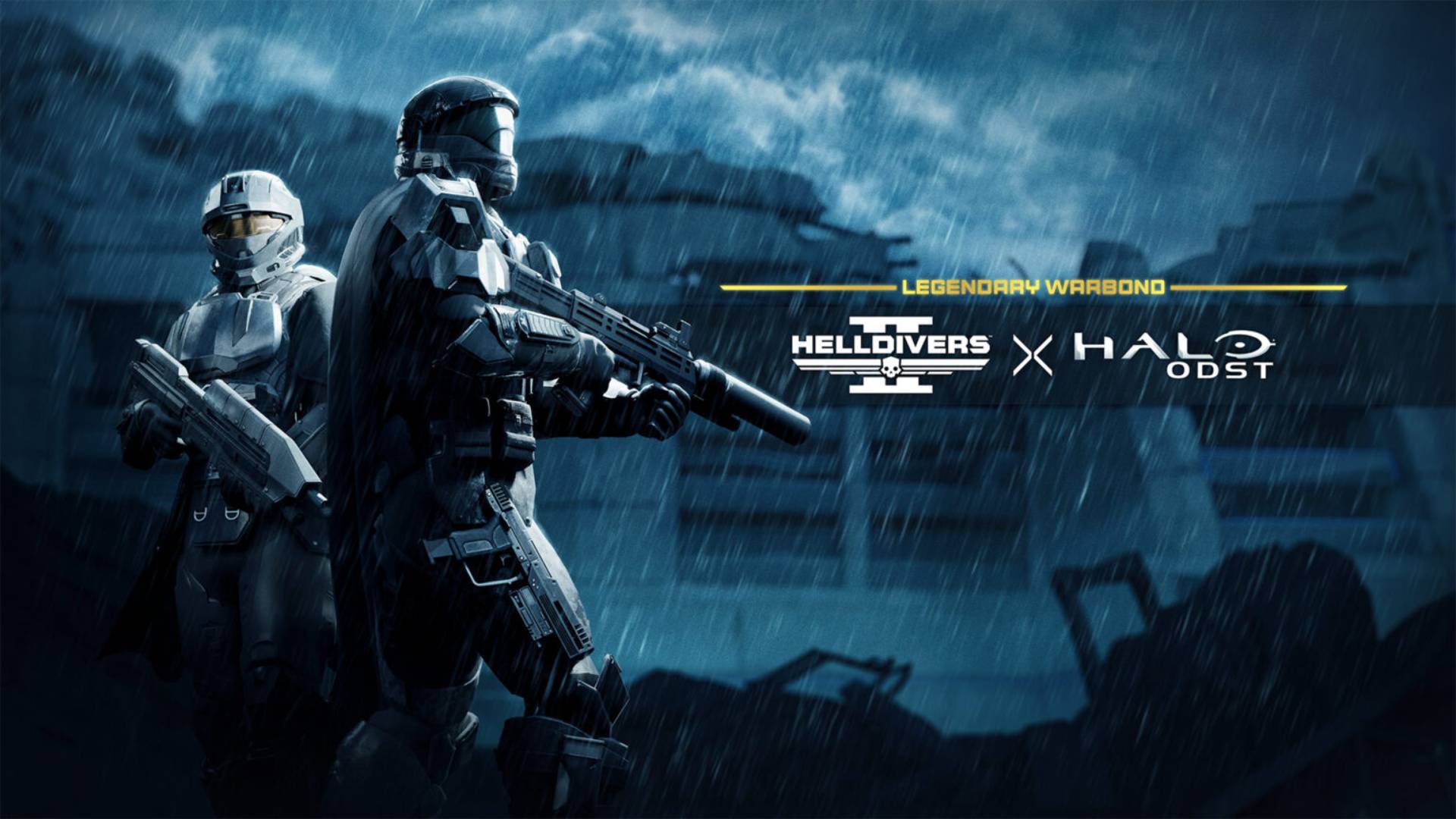 Helldivers 2 X Halo ODST Warbond crossover helldivers dressed in ODST armour in rainstorm with game logos