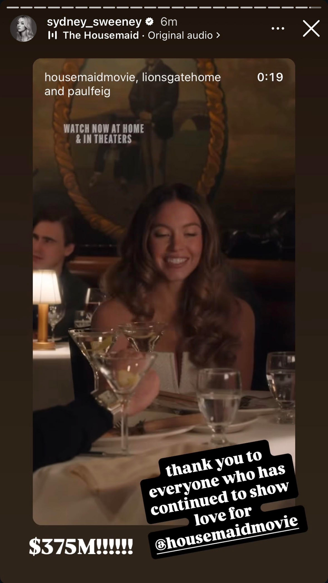 Sydney Sweeney shares a martini scene from The Housemaid along with her message to fans.