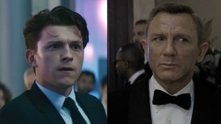 Tom Holland wears a nice blue suit in Uncharted, Daniel Craig, wearing iconic tux, walks through a crowded dinner part in No Time To Die.