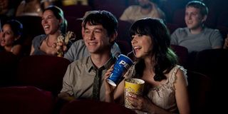 Joseph Gordon-Levitt and Zooey Deschanel watching a movie in 500 Days of Summer