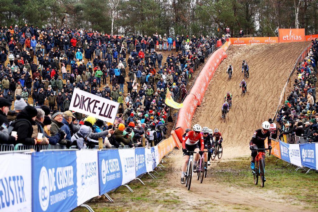 Riders compete during the women's elite race at the World Cup cyclocross cycling event in Zonhoven on January 7, 2024, stage 12 (out of 14) of the UCI World Cup Cyclocross competition. (Photo by DAVID PINTENS / Belga / AFP) / Belgium OUT