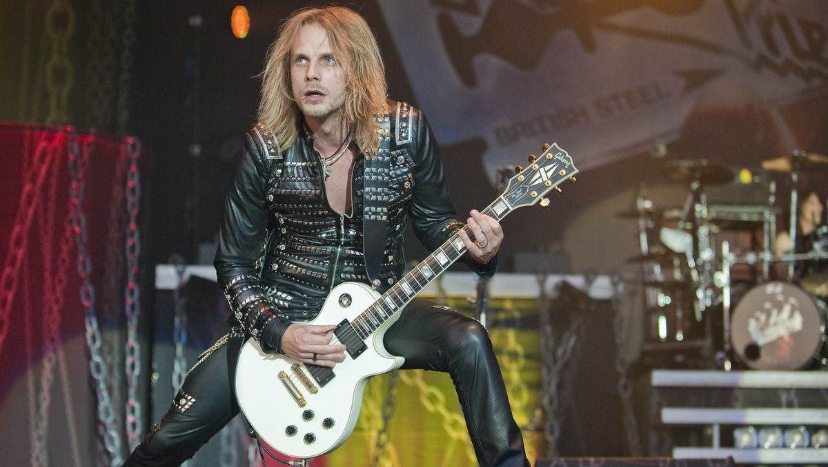  Richie Faulkner of Judas Priest performs on the main stage on day one of the High Voltage Festival at Victoria Park on July 23, 2011 in London