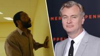 Left: Backrooms Protagonist looking right at blank wall in panicked state. Right: PARIS, FRANCE - JULY 11: Christopher Nolan attends the "Oppenheimer" premiere at Cinema Le Grand Rex on July 11, 2023 in Paris, France. 