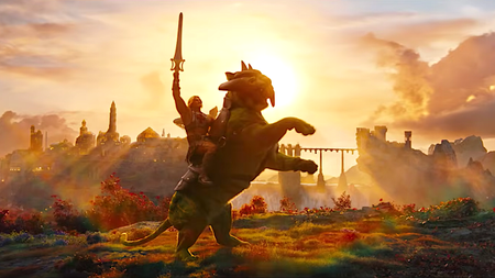 a warrior raising a sword atop a giant tiger-like cat