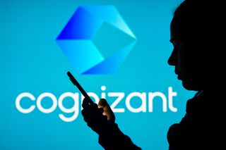 Cognizant logo on a blue background, silhouette of a smartphone user appearing from right of frame