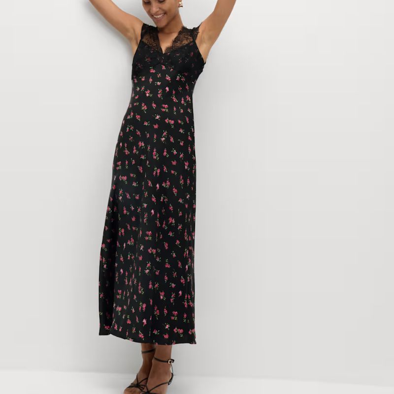 black floral and lace midi dress