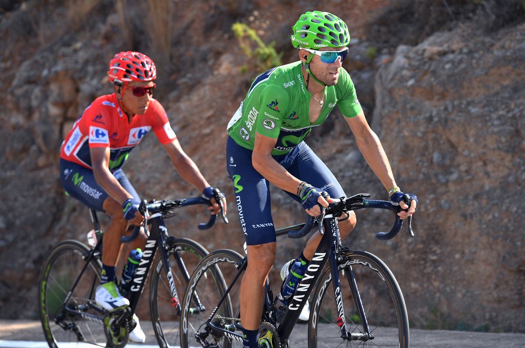 Points leader Alejandro Valverde is followed by Movistar teammate Nairo Quintana in the red leader's jersey