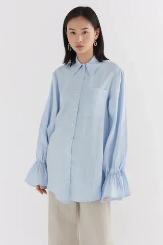 Laura Pitharas + Blue Linen Floaty Smocked Cuff Shirt