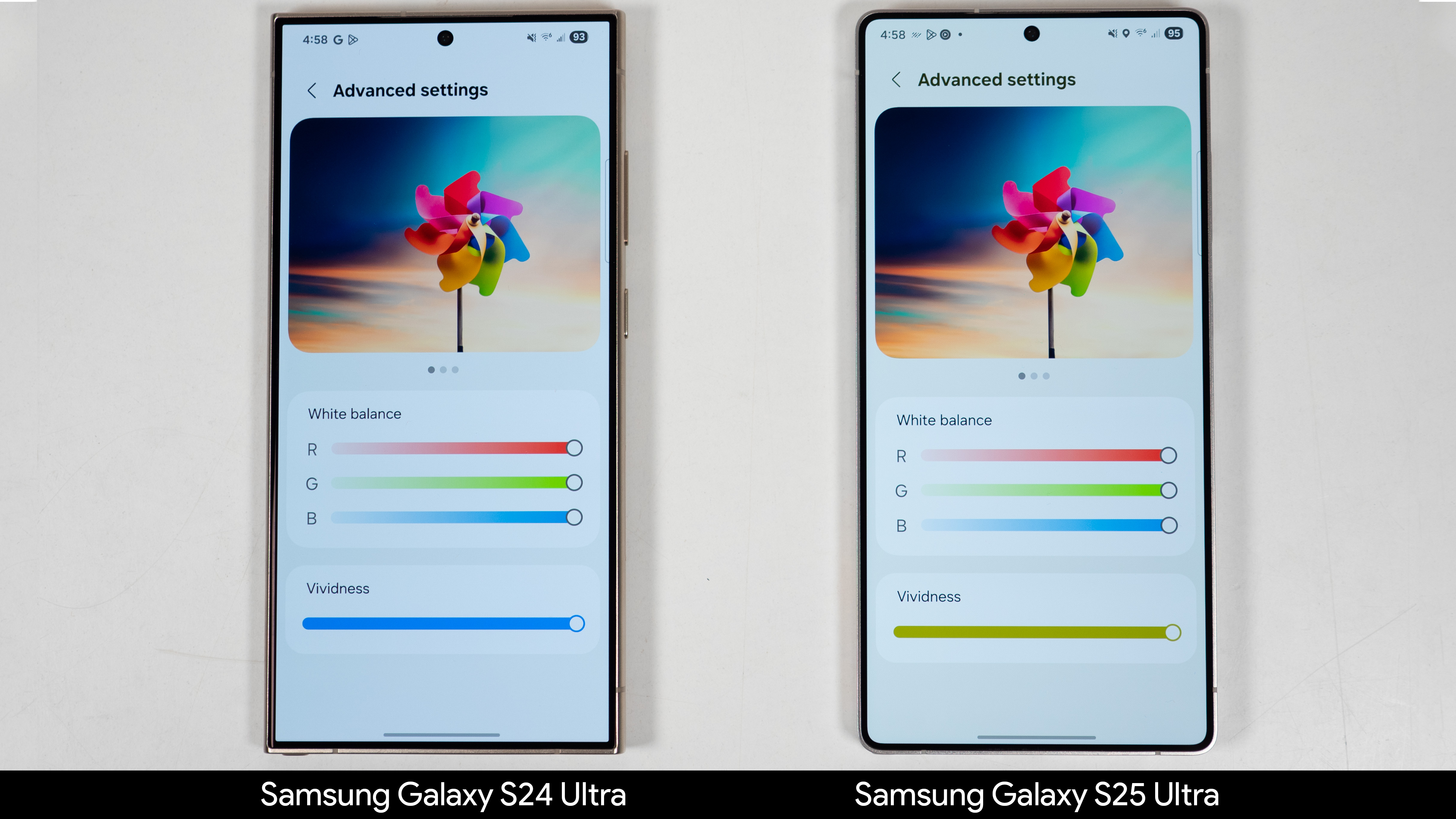 Comparing the color calibration and adjustment settings between the Samsung Galaxy S24 Ultra and Galaxy S25 Ultra