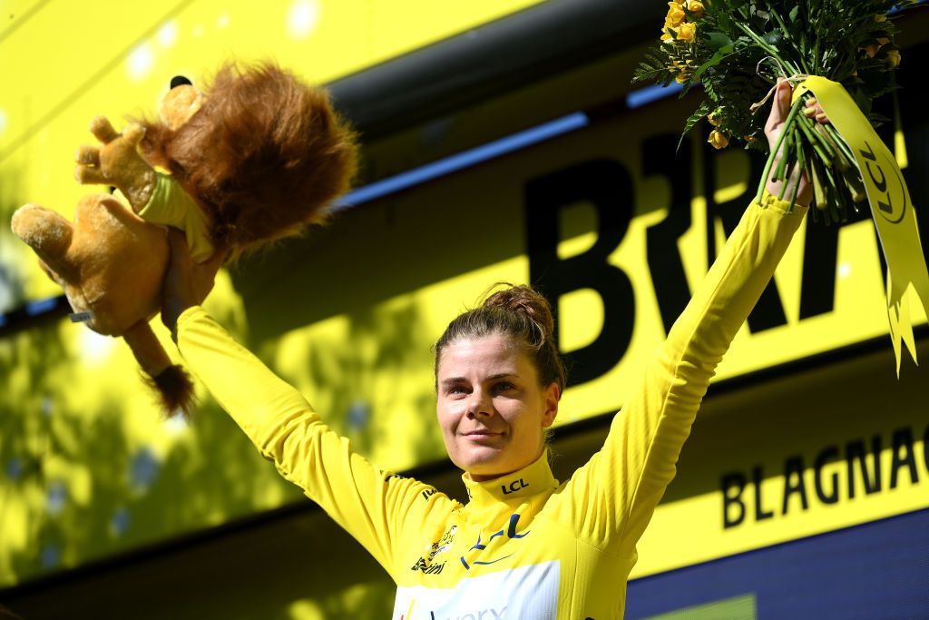 BLAGNAC FRANCE JULY 28 Lotte Kopecky of Belgium and Team SD Worx Protime Yellow Leader Jersey celebrates at podiumduring the 2nd Tour de France Femmes 2023 Stage 6 a 1221km stage from Albi to Blagnac UCIWWT on July 28 2023 in Blagnac France Photo by Alex BroadwayGetty Images