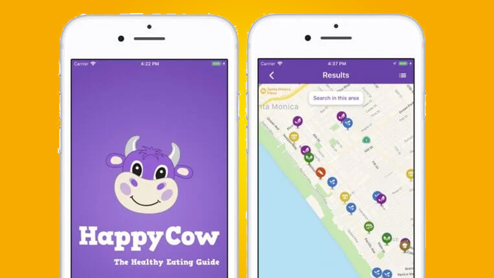 Two phones on an orange background showing the HappyCow app
