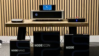 Bluesound Node Nano, Node and Node Icon in a hi-fi listening room