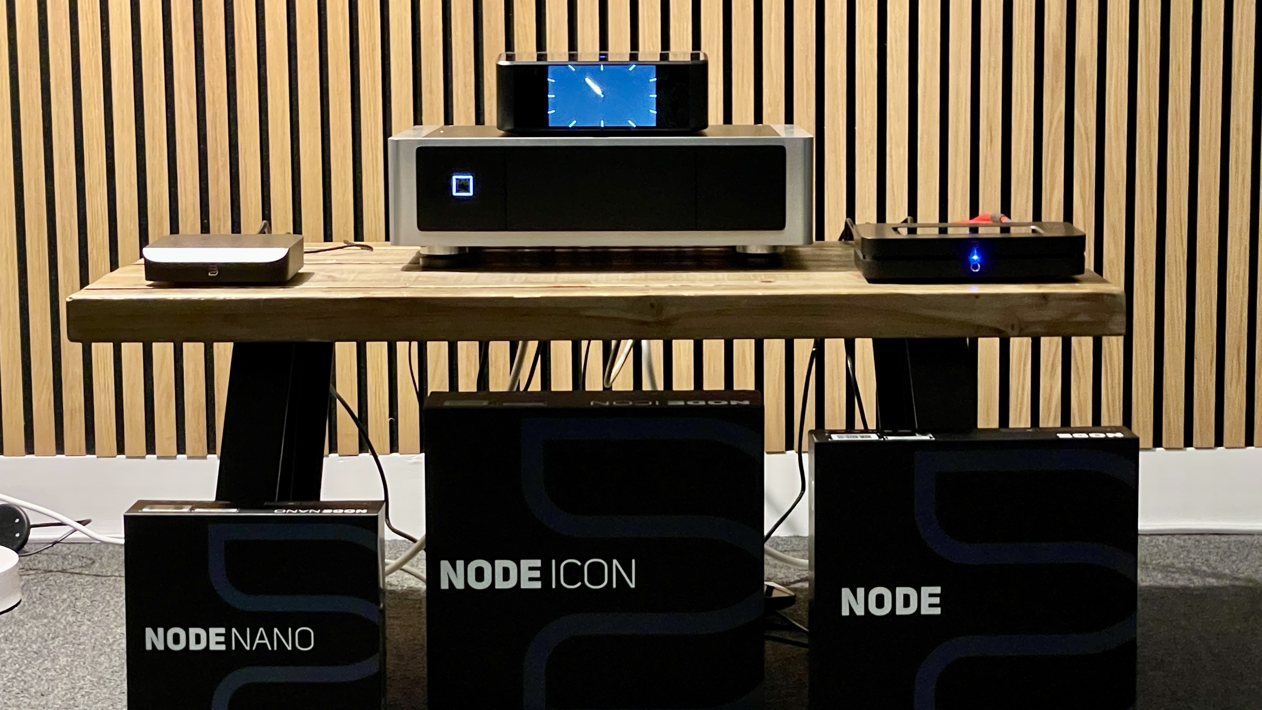 Bluesound Node Nano, Node and Node Icon in a hi-fi listening room