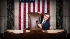 Photo composite illustration of Mike Johnson hiding behind the Speaker's chair