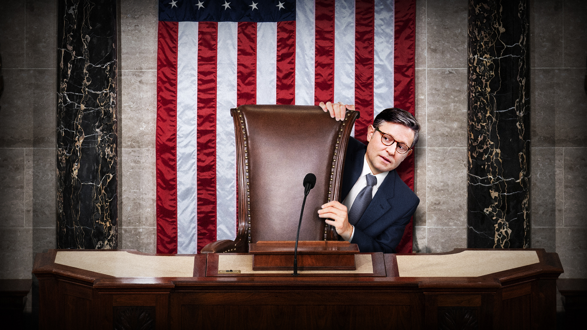 Photo composite illustration of Mike Johnson hiding behind the Speaker's chair