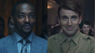 Anthony Mackie smiles while seated in Captain America: Brave New World, pictured next to Chris Evans smiling in a crowd in Captain America: The First Avenger.