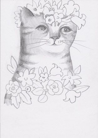 Pencil drawing of a cat with flowers on its head
