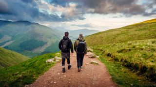 Two people hiking.