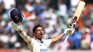 India vs England live stream: Yashasvi Jaiswal celebrates his double century in Rajkot. GettyImages-2021777353