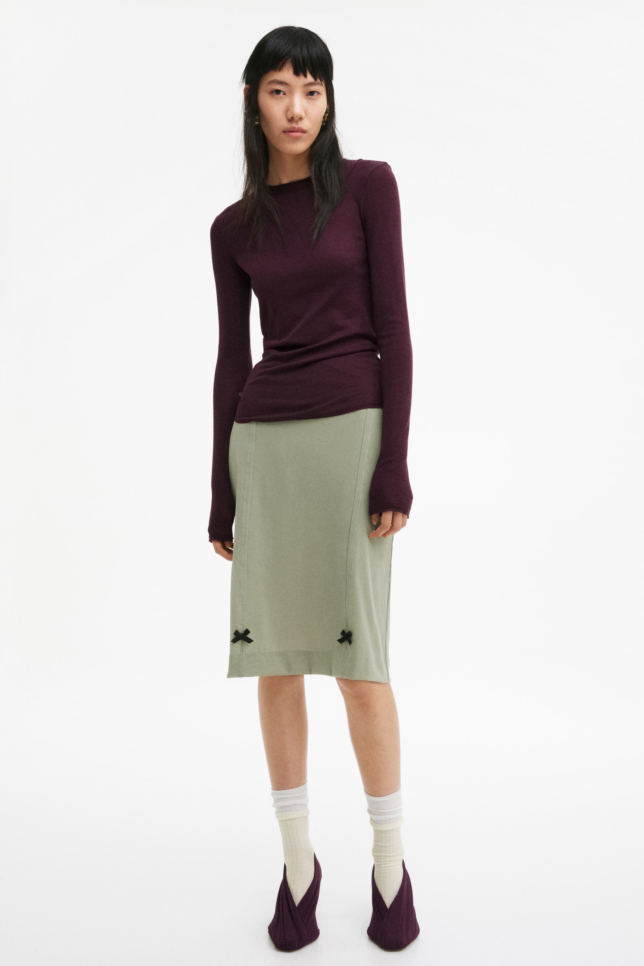 Bow-Detail Mesh Skirt - Light Khaki Green