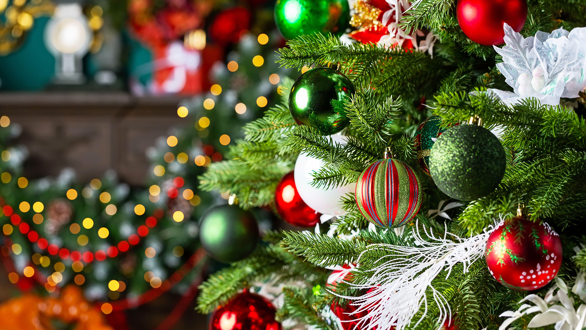 Christmas tree and home holiday decorations with balls and lights