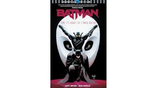 The cover of The Court of the Owls with Batman in front of a white mask.