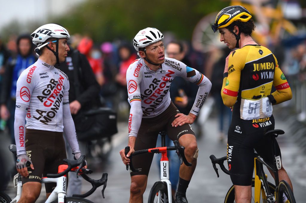 LA CHAPELLESAINTAUBIN FRANCE APRIL 08 Benoit Cosnefroy of France Oliver Naesen of Belgium and AG2R Citren Team and Mick Van Dijke of Netherlands and Team Jumbo Visma at finish line during the 68th Circuit Cycliste Sarthe Pays de la Loire 2022 Stage 4 a 1364km stage shortened due to bad weather conditions from La ChapelleSaintAubin to La ChapelleSaintAubin CircuitSarthe on April 08 2022 in La ChapelleSaintAubin France Photo by Dario BelingheriGetty Images