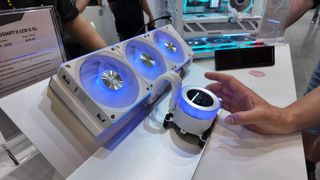 A photo of a Lian Li Hydroshift LCD-C LC AIO liquid CPU cooler, as displayed at Computex 2025