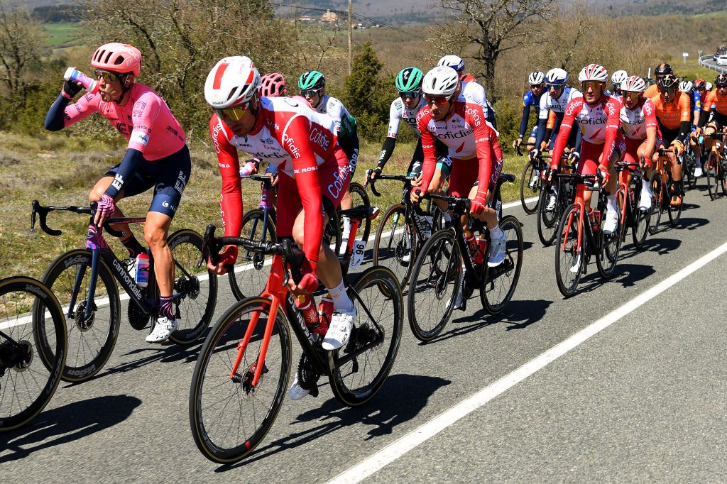 ERMUALDE LAUDIO SPAIN APRIL 07 Nicolas Edet of France Guillaume Martin of France and Team Cofidis during the 60th ItzuliaVuelta Ciclista Pais Vasco 2021 Stage 3 a 1677km stage from Amurrio to Ermualde Laudio 481m itzulia ehitzulia on April 07 2021 in Ermualde Laudio Spain Photo by David RamosGetty Images