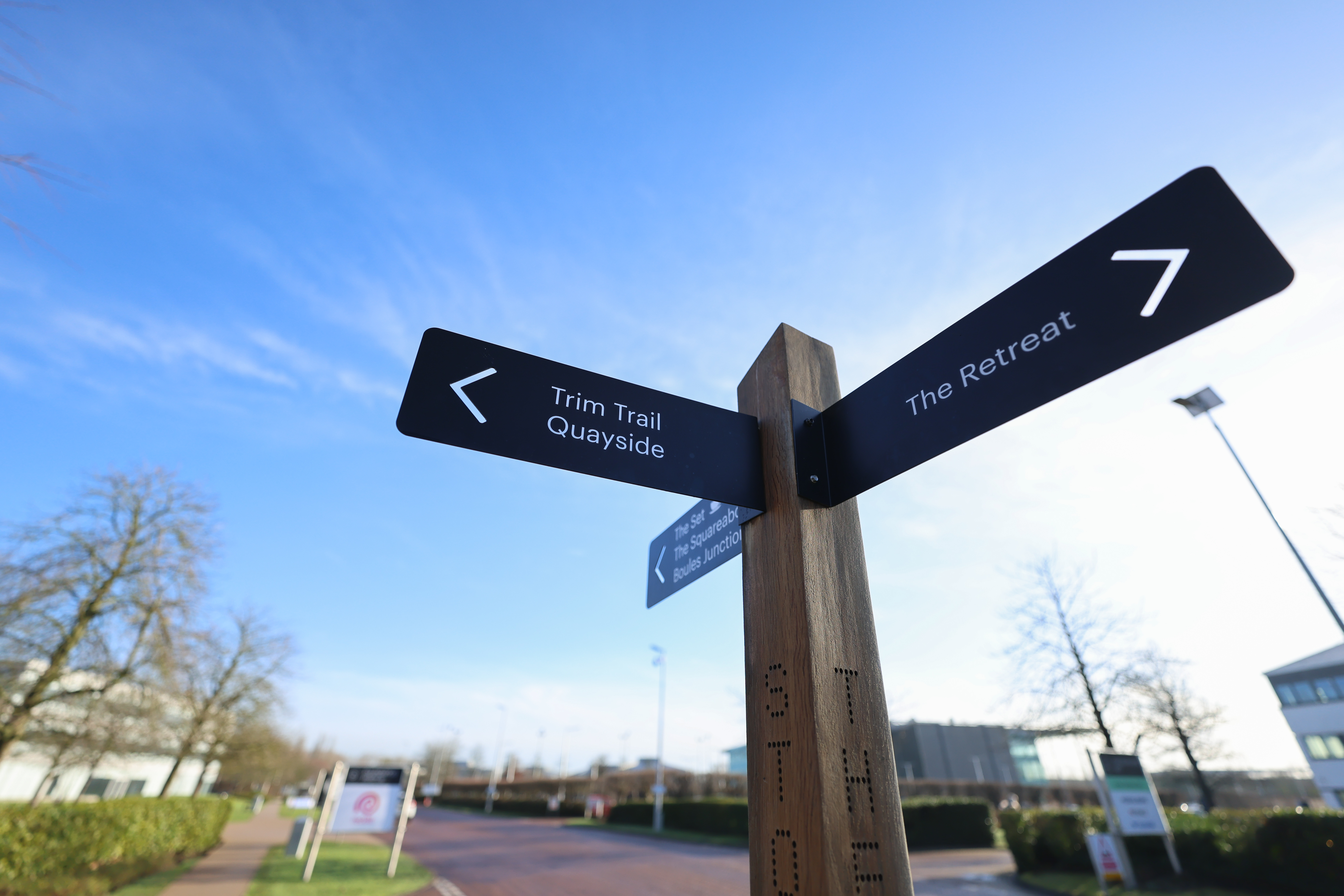 A directional sign reading trim trail quayside and the retreat