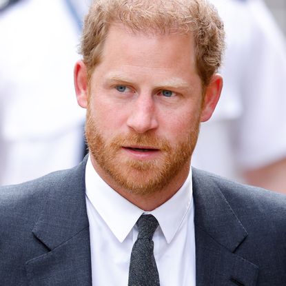 Prince Harry has red hair and a red beard and wears a navy suit and tie