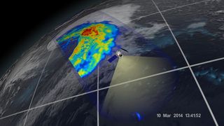 An extra-tropical cyclone seen off the coast of Japan, March 10, 2014, by the GPM Microwave Imager. The colors show the rain rate: red areas indicate heavy rainfall, while yellow and blue indicate less intense rainfall. The upper left blue areas indicate falling snow.