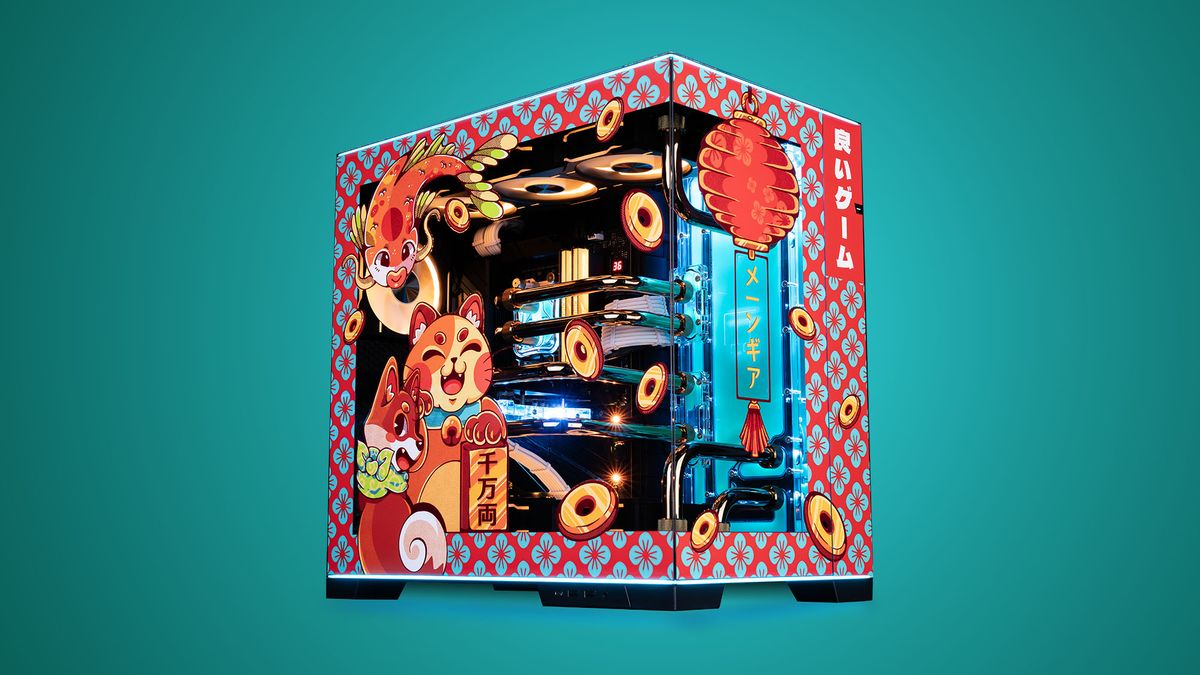 A Maingear Apex Rush Good Fortune gaming PC against a dark teal background