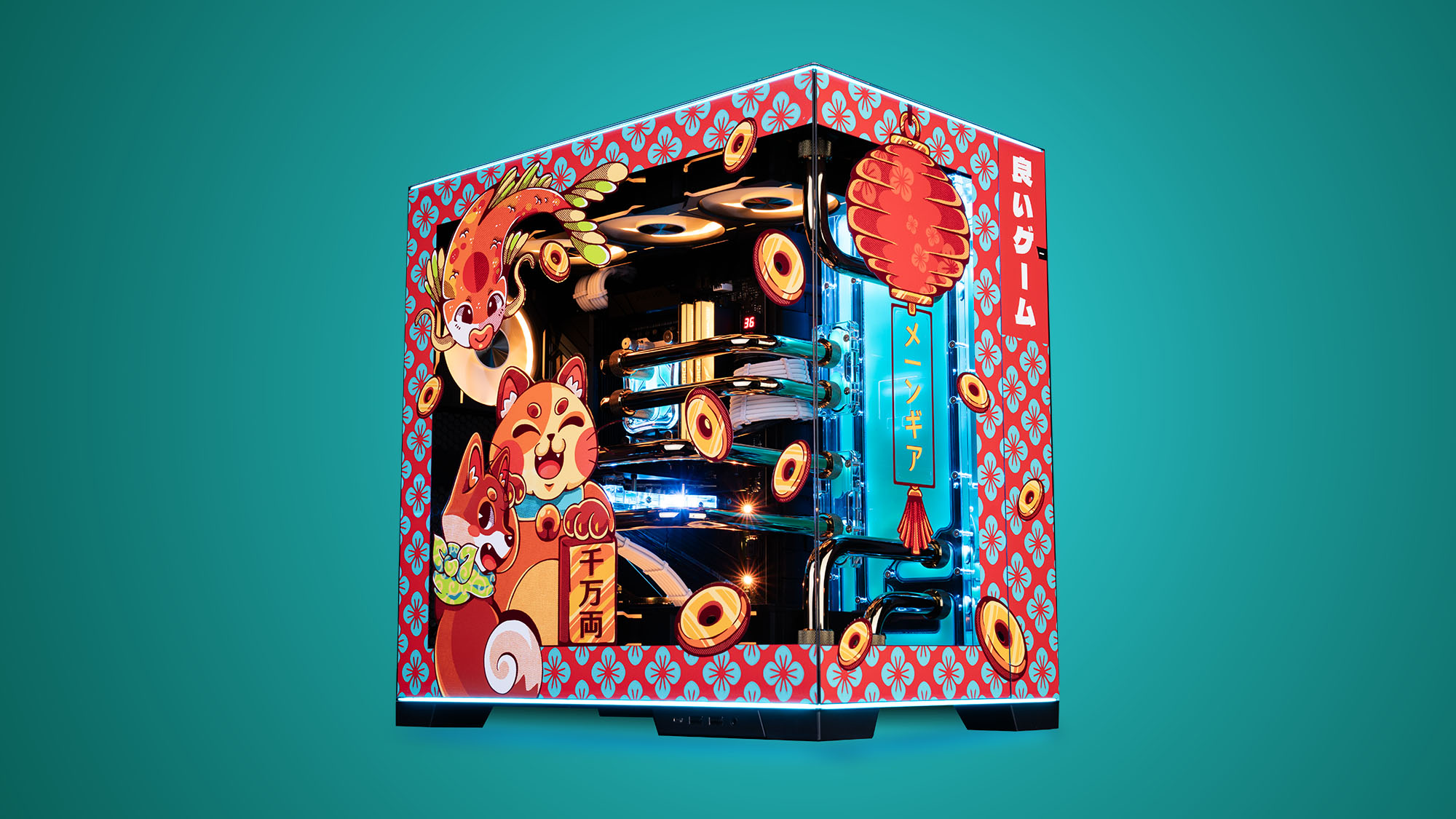 A Maingear Apex Rush Good Fortune gaming PC against a dark teal background