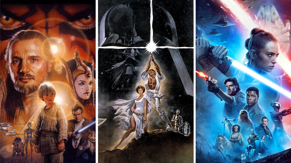 The posters for Star Wars Episode I: The Phantom Menace, Star Wars and Star Wars: The Rise Of Skywalker