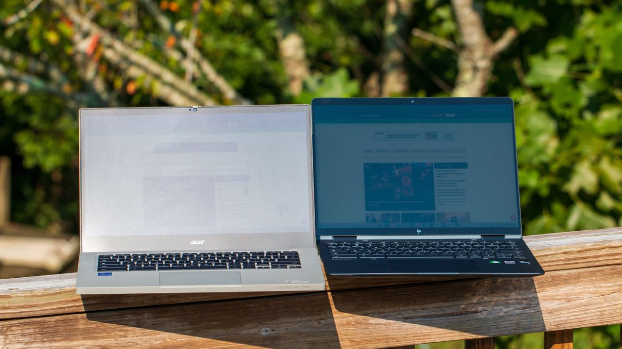 Acer Chromebook Vero 514 next to HP Elite Dragonfly Chromebook in sunlight