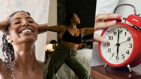 A collage of three images: on the left, a woman stands under the spray of a shower (Shutterstock.) In the middle, a woman stretches in her bedroom (Getty Images.) To the right, a hand reaches out to turn off an alarm clock (Getty Images.)