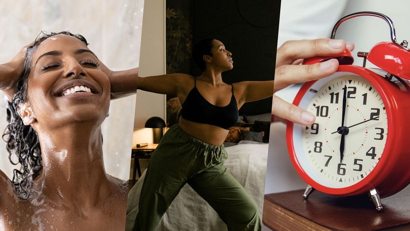 A collage of three images: on the left, a woman stands under the spray of a shower (Shutterstock.) In the middle, a woman stretches in her bedroom (Getty Images.) To the right, a hand reaches out to turn off an alarm clock (Getty Images.)