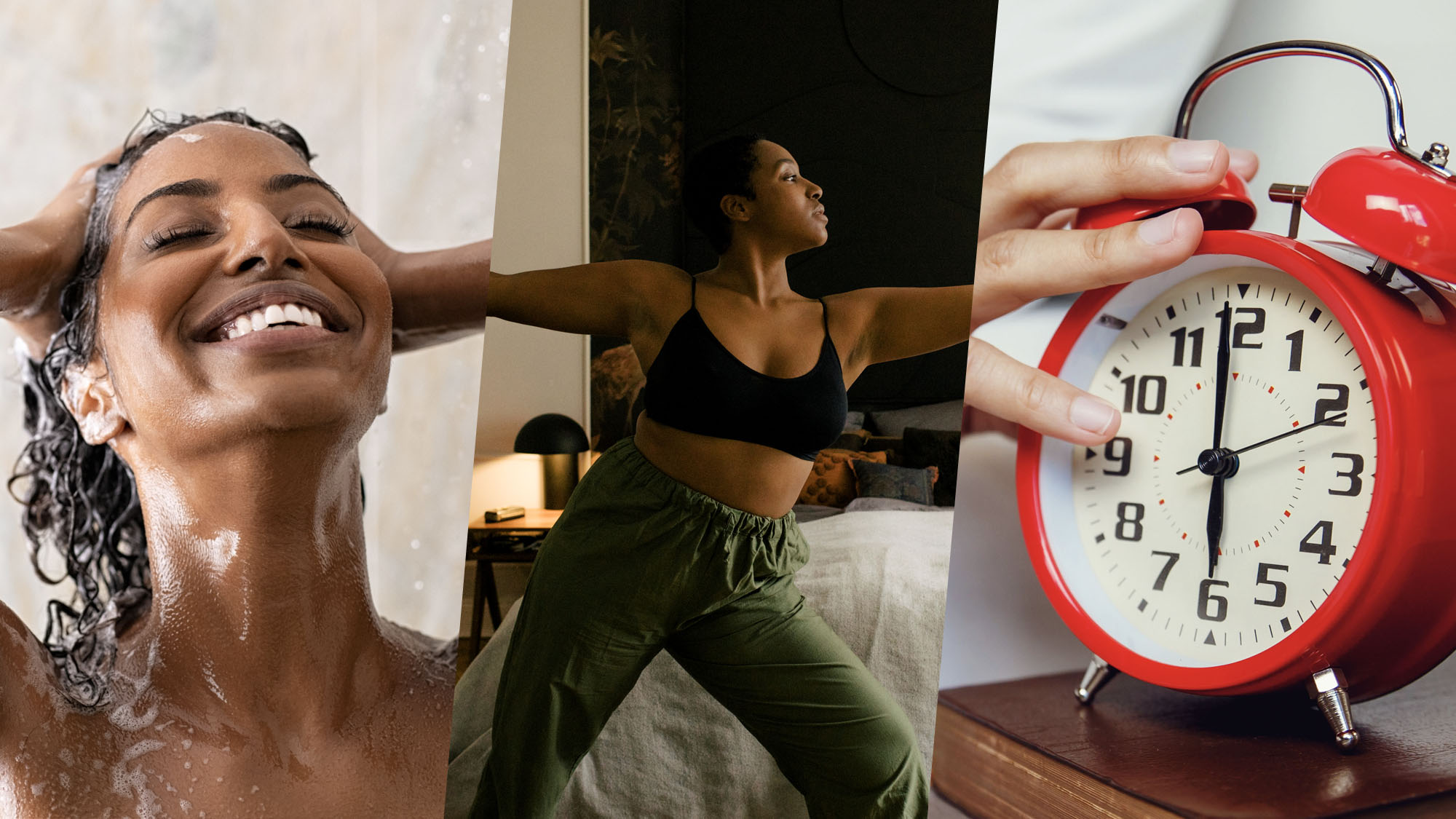A collage of three images: on the left, a woman stands under the spray of a shower (Shutterstock.) In the middle, a woman stretches in her bedroom (Getty Images.) To the right, a hand reaches out to turn off an alarm clock (Getty Images.)
