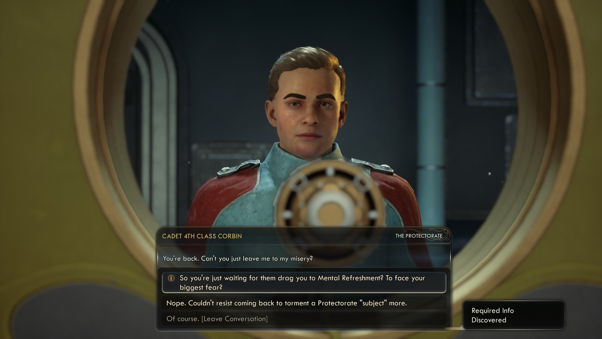 The Outer Worlds 2 screenshot showing the player has found the information needed during a conversation with Cadet Corbin