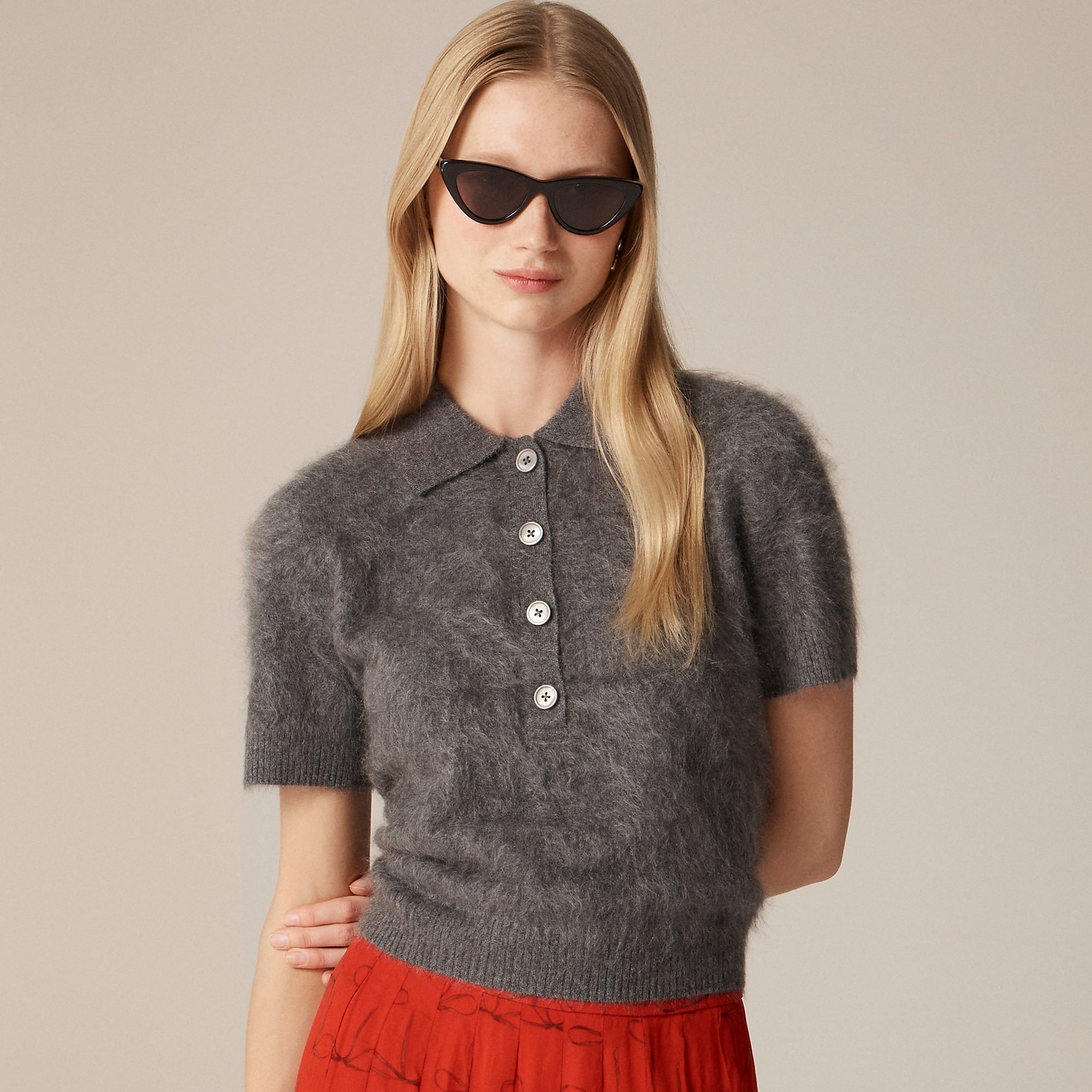 J.Crew, Brushed Cashmere Short-Sleeve Sweater-Polo