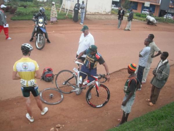 South Africa's Reinardt Janse Van Rensburg's flat is fixed after the finish of stage two.