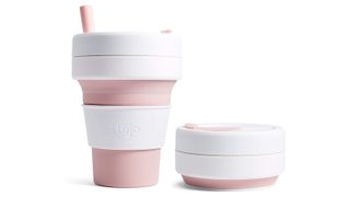 two pink and white Stojo Collapsible Mug one unfolded and one collapsed, one of w&h's best coffee travel mugs