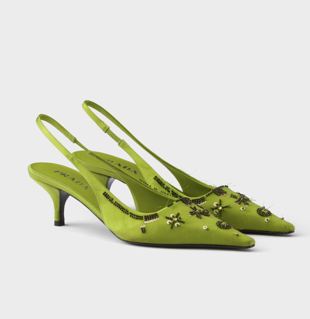 Prada, Embroidered Satin Slingback Pumps