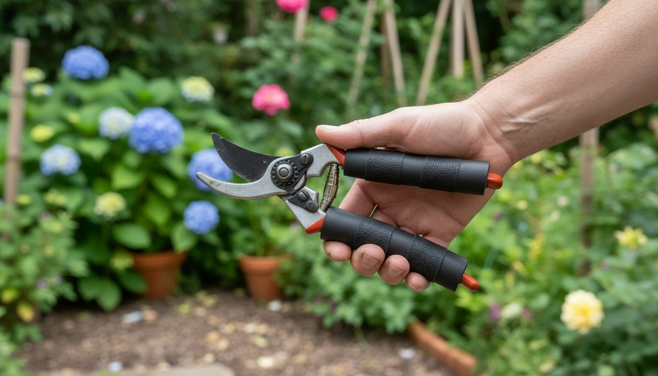 A hand holding pruning shears with modified handles in a garden