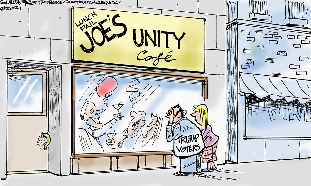 Political Cartoon U.S. biden trump voters unity