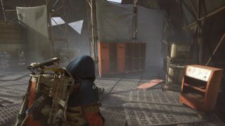 Arc Raiders Cooling Coil: A player looking at a red locker and other containers inside the Hydroponic Dome Complex.