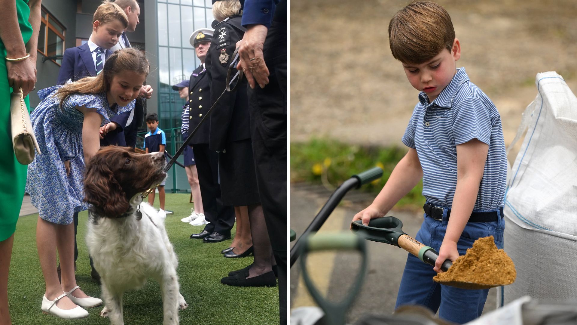 A comp image of Princess Charlotte with a dog and Prince Louis shovelling