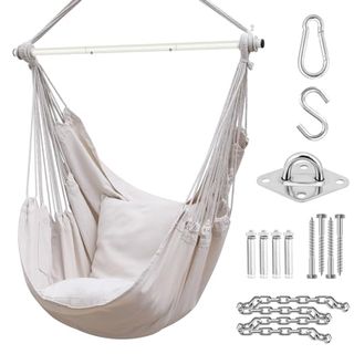 Swing Chair With Hardware Kit: Ohuhu Xl Portable Hanging Chairs With 2 Cushions Detachable Metal Support Bar Side Pocket for Indoor Outdoor, Hammock Chair for Patio Bedrooms Teen Girls Room Decor